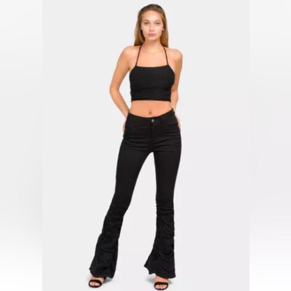 American Bazi High Waist Ruffle Flare Wide Leg Black Pants Size Medium Inseam 34